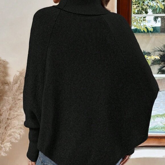 Black Casual Women's Turtleneck Batwing Sleeve Button Detail Poncho Sweater top - Picture 2 of 7
